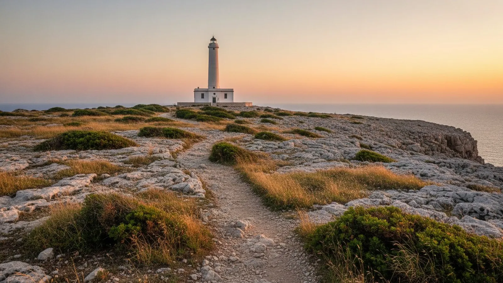 Il faro bianco di Punta Palascia sulla scogliera rocciosa, con il mare Adriatico al tramonto