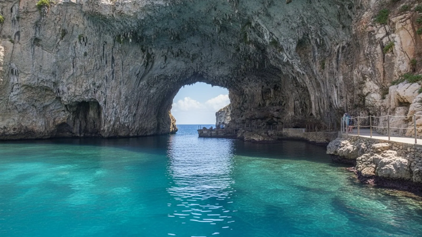 Interno della Grotta Zinzulusa con stalattiti che pendono dalla volta sopra l'acqua