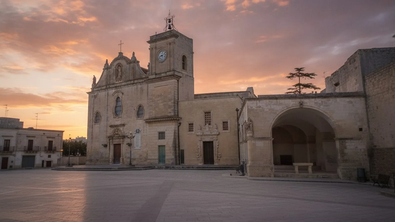 La piazza di Melpignano con la chiesa e il loggiato del convento degli Agostiniani
