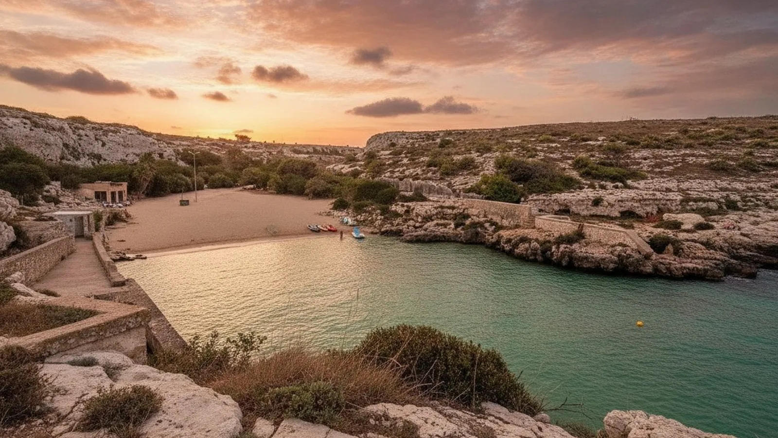L'insenatura di Porto Badisco vista dall'alto, con la piccola spiaggia e l'acqua verde smeraldo fra le rocce