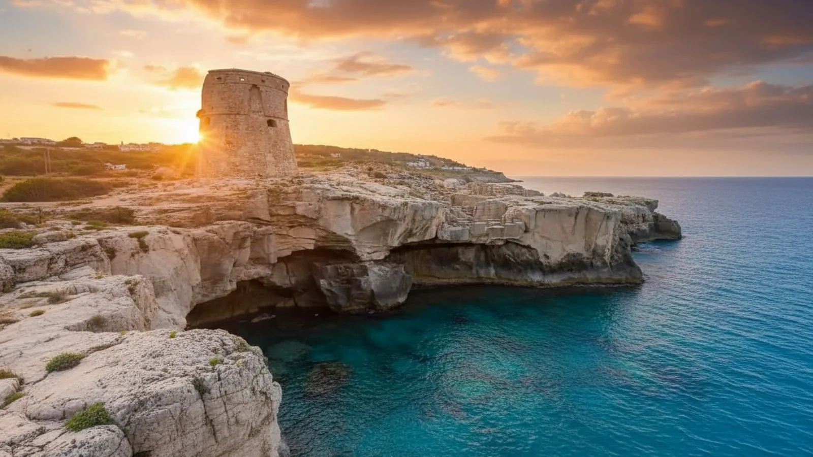 La baia di Porto Miggiano vista dall'alto con la scalinata nella roccia e l'acqua turchese